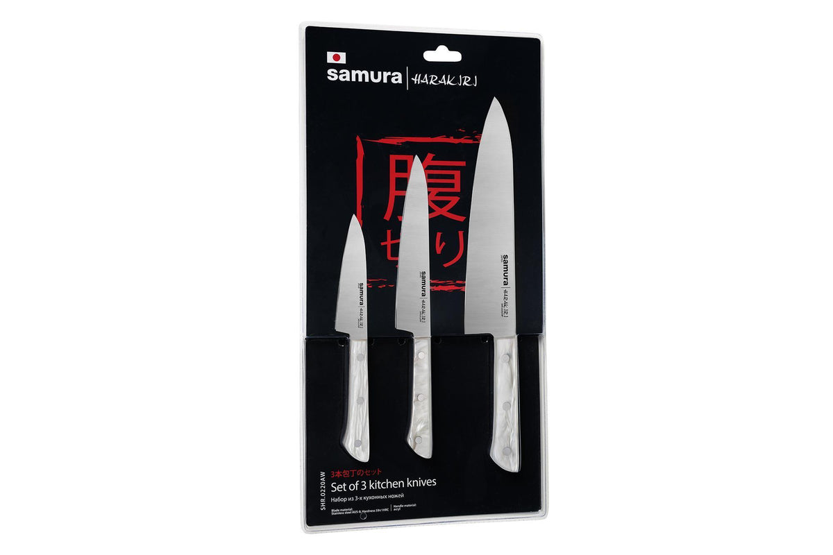 Samura Harakiri Knife Set, 3 pcs, White Acrylic Handle – packaging