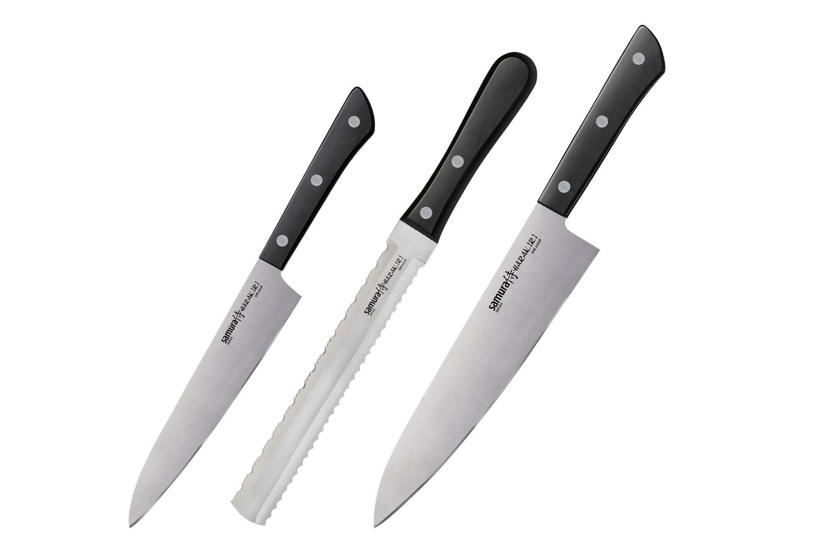 Samura Harakiri Knife Set, 3 pcs, Utility, Two-sided Saw & Chef's Knives, Black Handle – main view